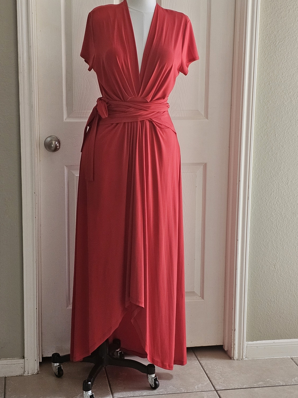 Michael Kors Coral-Red Wrap Maxi Dress with Tie Waist .New Without Tag